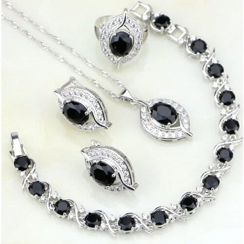 Eye Shaped 925 Sterling Silver Black Crystal White Zircon Jewelry Sets For Women Party Bracelets/Earrings/Ring/Pendant /Necklace