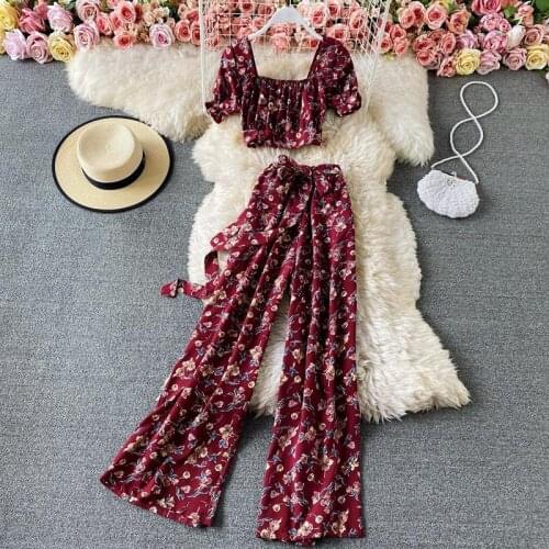 Women 2021 Summer Vintage Floral Printed Sets Female Square Collar Top And Wide-leg Pants Casual Loose Chic Two Piece Suit T09