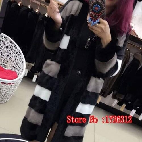 Natural real mink fur ladies warm coat long striped overcoat full mink V-neck fashion dress Customizable size outerwear