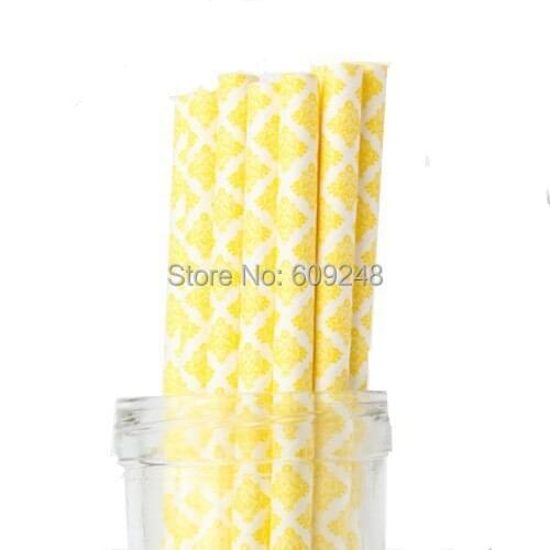 100pcs Pick Your Colors Yellow Damask Paper Straws Bulk,Birthday Party Favor Anniversary Great in Mason Jar Mugs w/ Daisy Lids