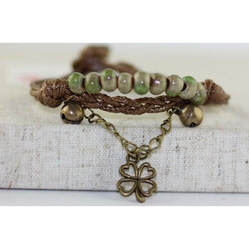 12 Pieces/Lot Heart Ceramic Beads Bracelets Weave Chains Link Cuff Bangles Bohemian Clover Leaf Hand Jewelry Women/Men Fashion