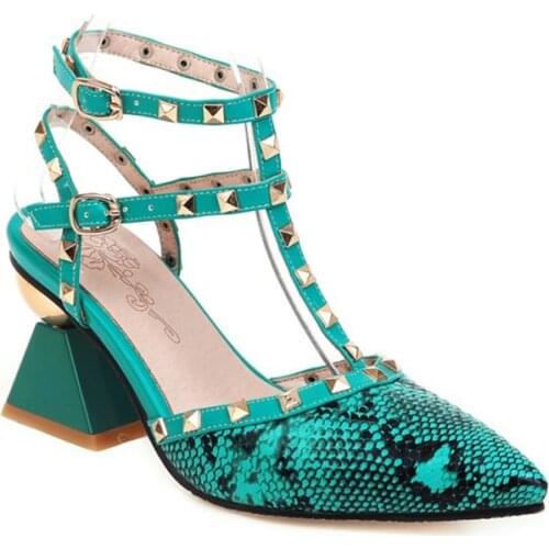 2020 Summer New Pointed Toe Chunky High Heels Rivets Buckle Strap Sandals Pumps Women Shoes Females