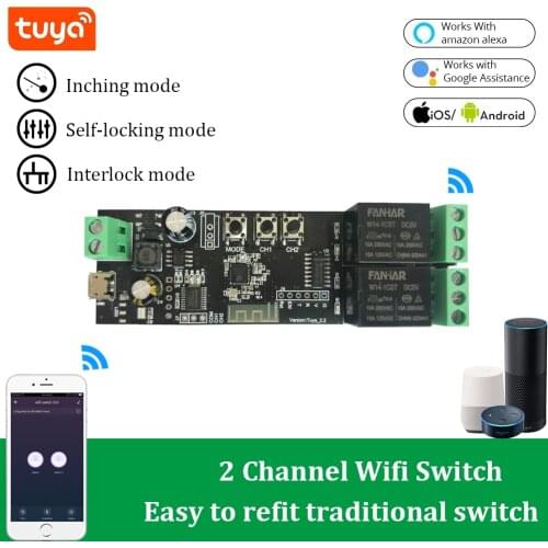 2CH Tuya Switch Wireless WiFi Switch Module Smart life APP Remote Control DIY Smart Home 2Gang Relay work with Alexa Google Home