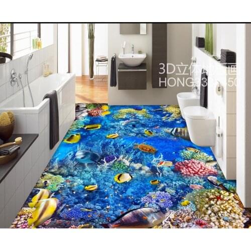 3d floor painting wallpaper Underwater World Dolphin Coral Living Room Bathroom 3D Floor 3d wallpaper pvc