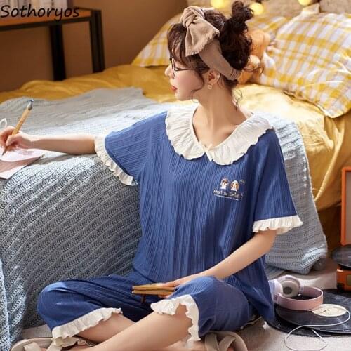 Pajama Sets Women Pleated Ruffles Spliced Nightwears Womens Summer Calf-length Plus Size M-4XL Homewear Chic Breathable Harajuku