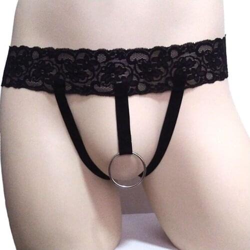 Stretch Lace Mens Sexy Lingerie Underwear G-String with Cock Ring Jockstrap Panties Thongs Bikini Sissy Underpants