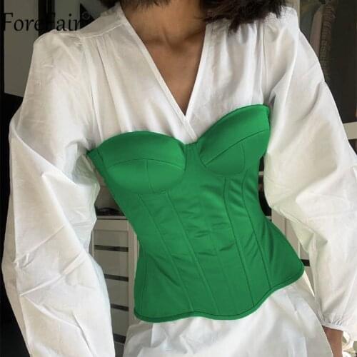 Forefair 2021 Satin Tube Corset Crop Top Summer Strapless Sexy Green Off Shoulder Sleeveless Fashion Women Bustier Tank Tops