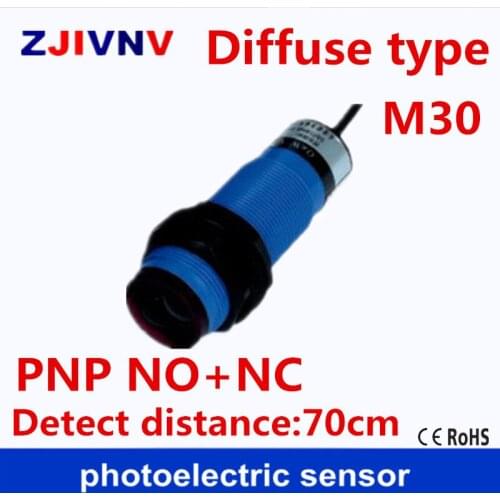 M30 diffuse type DC PNP NO+NC 4 wires photoelectric sensor photocell sensor switch normally open and close detect distance 70cm