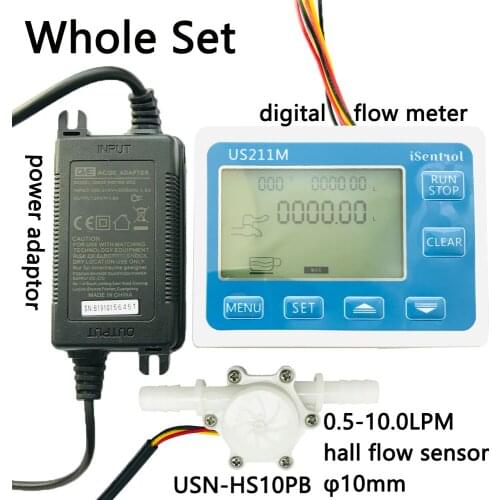 US211M Flow Meter Display with USN-HS10PB Hall Flow Sensor Measurement 0.5-10L/min Range 10mm OD hose barb iSentrol Saier