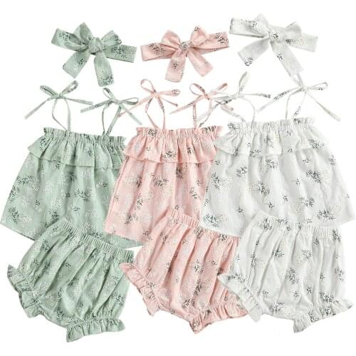 New Girls Three Piece Set, Infants Ruffled Hem Lace Up Shoulder Strap Floral Printed Tops Elastic Waist Shorts Hair Band