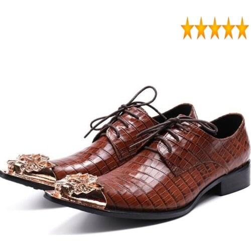 Leather British Genuine Vintage Brown Men New Metal Toe Wedding Party Formal Male Heel Lace Up Business Work Dress Shoes