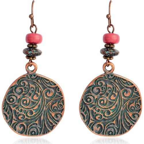 Round Bronze Coin Red Beads Drop Earrings Vintage Engraving Totem Ethnic Wind Stone Pendant Earrings Women Bohemian Ornaments