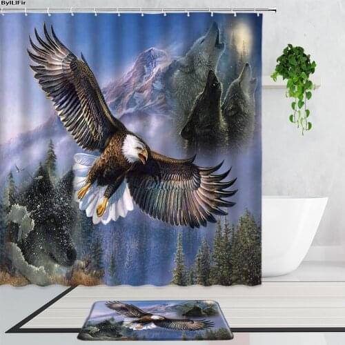Flying Eagle Snow Wolf Forest Snow Mountain Landscape Shower Curtains Sea Eagle Animal Bathroom Decor Curtain Anti-Slip Carpet