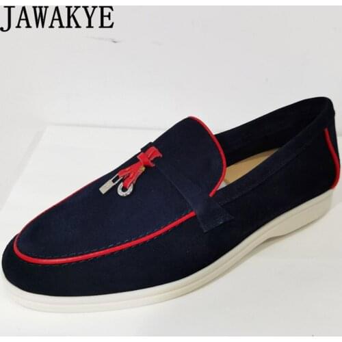 Hot Sale Real Suede Loafers Shoes Women Inlay edge Tassel Metal Pendant Design Casual flat Shoes Slim Slip on Walk Shoes mujer