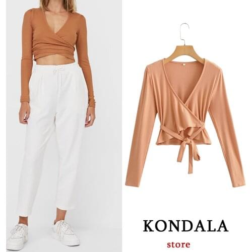 KONDALA Za Fashion 2021 Women Blouse V Neck Sashes Sexy Short Blouse Elegant Solid Casual Mujer Tops
