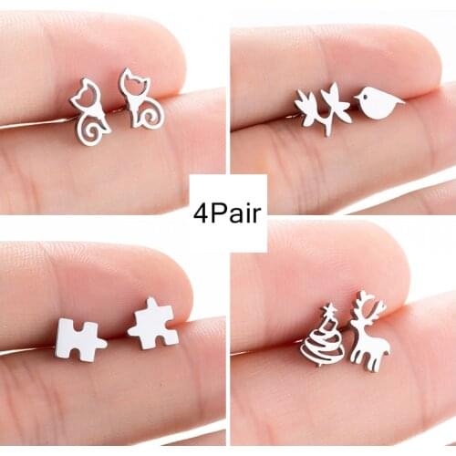 Sasusp Stainless Steel Cute Cat Earrings For Women Deer Animal Earring Set Kids Earings Fashion Jewelry