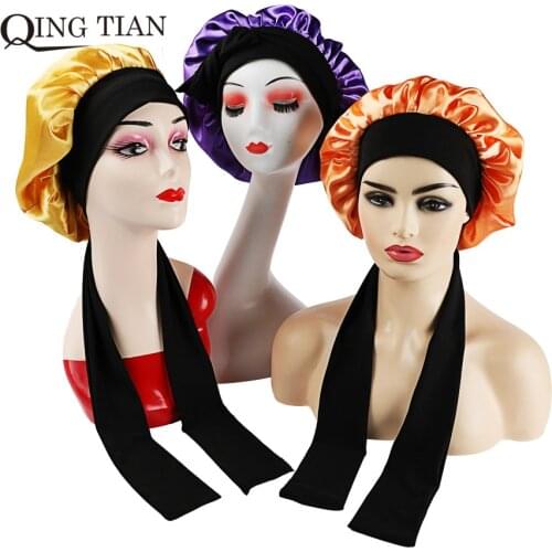 Drop shipping Virgin Hair Wigs Extensions 2 Layer Satin Bonnet With Long Cotton Elastic Edge Scarf Band