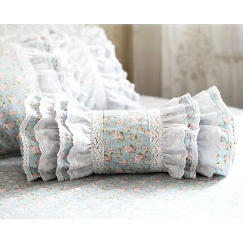 Korean Princess Style Pillow Embroidery Rose Blue Elegant Pastoral Lumbar Pillows 100% Cotton Vintage Lace Ruffle Cushion Zipper