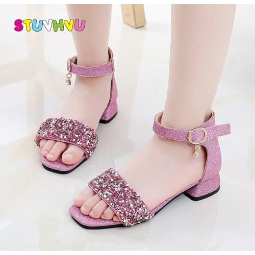 Girls Sandals Summer New Sequin Leather Children Sandals High-heeled Princess Shoes Open Toe Non-slip Roman Kids Shoes for Girl