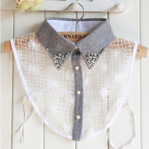 Stylish Cotton Lace Stitiching Patchwork Fake Collar Women Ladies Bling Rhinestone Lapel Shirt Blouse Detachable Collar FS0506