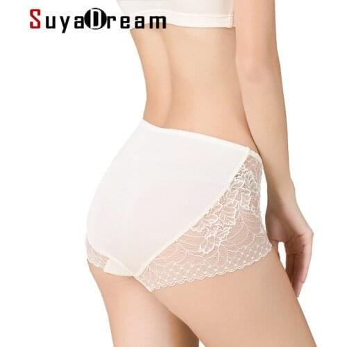 SuyaDream Women Lace Panties 100%Real Silk Comfortable Healthy Everyday wear Pink White Mid-Waist Briefs