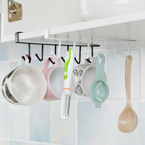 Iron 6 Hooks Cup Holder Hanging Bathroom Hanger Kitchen Organizer Cabinet Door Shelf Removed Storage Rack Home Decor Black/White