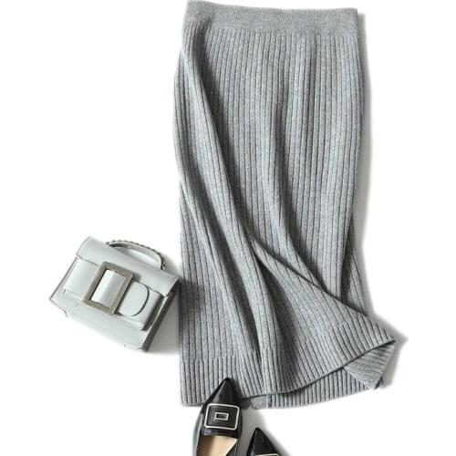 Winter new casual cozy high waist womens ribbed knit high quality 100% cashmere skirt long