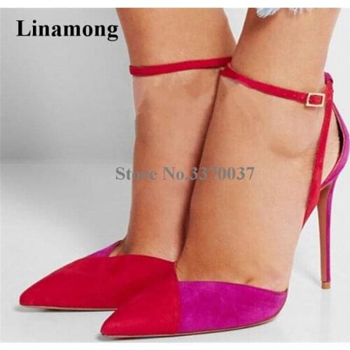 Women Classical Style Pointed Toe Suede Leather Patchwork Colors Pumps Ankle Straps High Heels Formal Dress Shoes