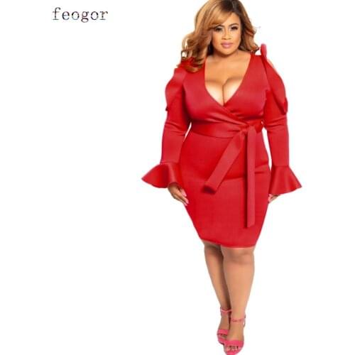 Womens Clothing Plus Size Dresses Ruffled Flared Sleeves Dress Large Urban Casual Commuter Sexy V-neck Dress 2021 New Autumn