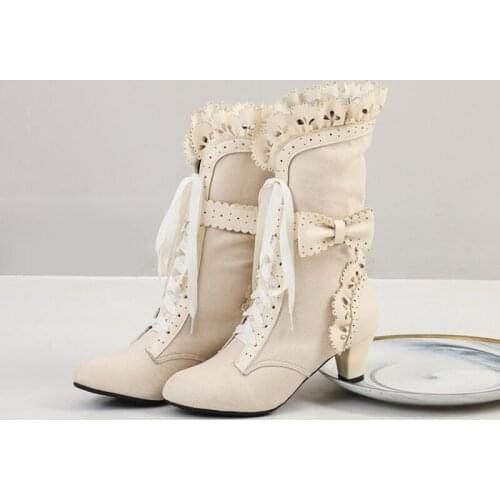 Elegant Fashion Big Size 33-43 Winter Style Thick High Heels Lace Up Ankle Boots Platform Women Boots Fall Winter Shoes