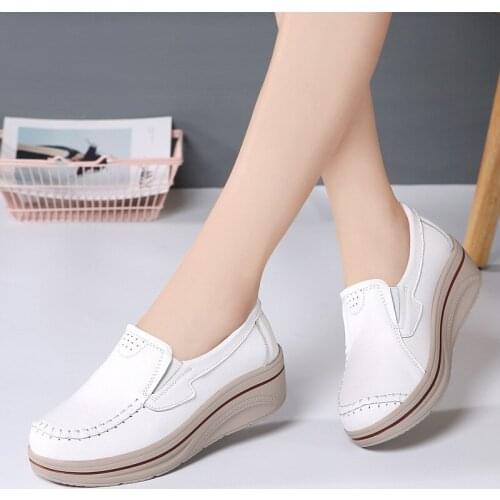 Plus Size 35-42 Wedges Single Female Shoes New Spring Genuine Leather Soft White Work Shoes Female Black Swing Shoes Woman Pumps