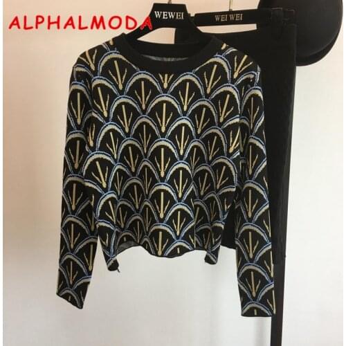 ALPHALMODA 2018 Autumn Winter Pattern Knit Sweater + Mermaid Skirt Women 2pcs Clothing Sets OL Casual Knitting Skirt Suits