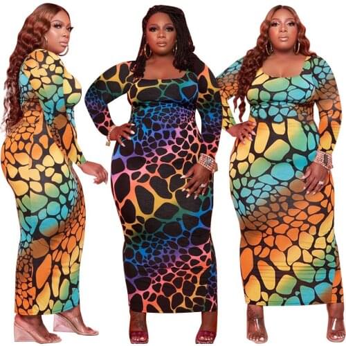 Women Plus Size Dress Vintage Boho Print Long Sleeve O-neck Bodycon Dresses Casual Vestidos Fall Winter Club Outfits L~4XL
