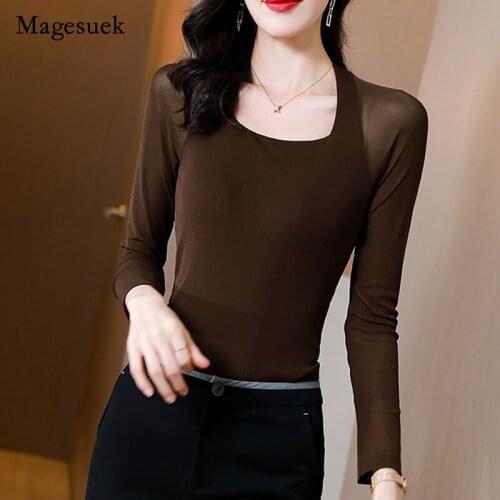 2021 Autumn Long Sleeve T-shirt Square Collar Solid Bottoming Shirt Mesh Elastic Slim Tops Elegant Office Lady Blusas 16714