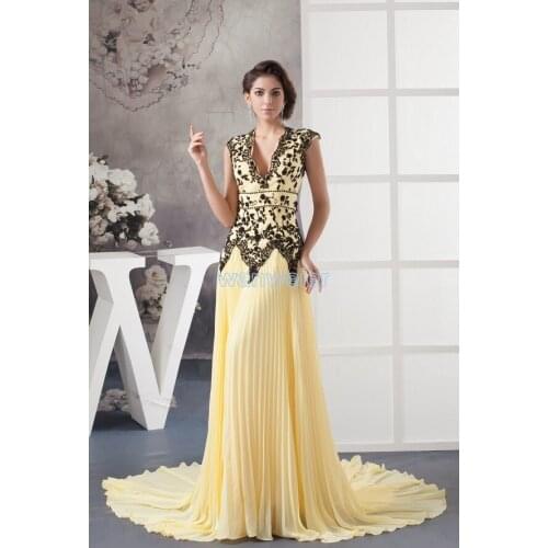 Free shipping new design custom size/color maid of honor evening gown black appliques yellow plus size mother of the bride dress