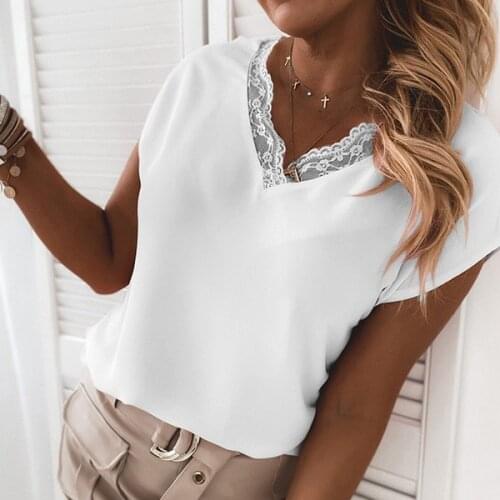 Blouses Womens Shirt Summer Blusas Femme Solid Color Blouse Lace Decor V-Neck Short Sleeve Casual Loose Tops For Women Clothing
