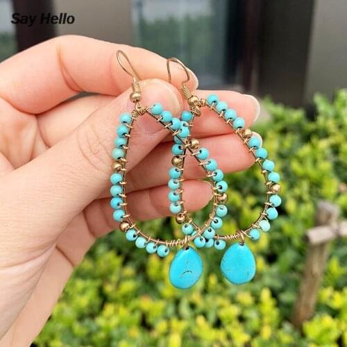 SAY HELLO Bohemia Turquoises Drop Shaped Beaded Stone Large Circle Dangle Earrings Party Gift Women A0102
