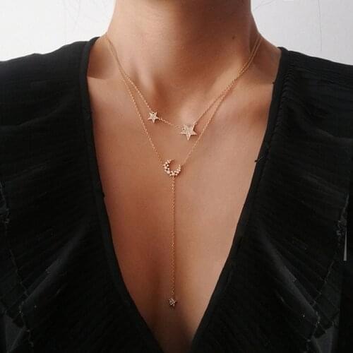 Eif Dock Double Layer Star Tassel Necklace Women Chain Necklaces Aesthetic Moon Star Pendant Necklace harajuku Womens Jewelry