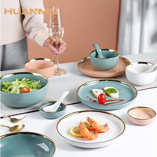 European Style Ceramic Tableware Bowl Plate Set Gold Edge Household Dish Plate Soup Plate Rice Bowl Noodle Ramen Dish Set