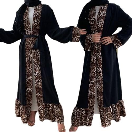 Muslim Women Long Maxi Open Kimono Abaya Islamic Ramadan Leopard Printed Patchwork Dress Party Evening Robe Dubai Kaftan Gown