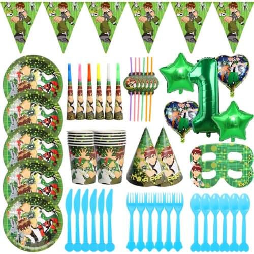 Ben 10 Theme Disposable Tableware Set Paper Cup Plates Straw Banners Balloon Happy Birthday Party Decorate Baby Shower Supplies