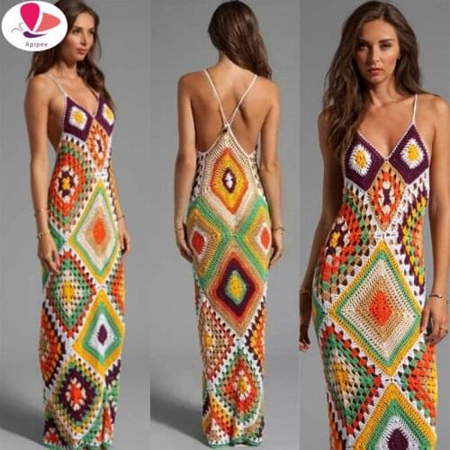 2021 New Handmade Knitted Beach Party Maxi Dress Cover Up Sexy Women Colorful Backless Bikini Swimwear Bathing Suit Cover-up
