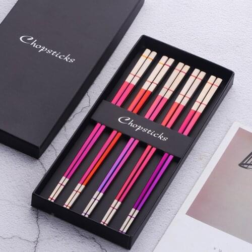 5Pairs Squre Stainless Steel Chopsticks Laser Engraving Patterns Food Sticks Portable Reusable Sushi Chopstick With Gift Box