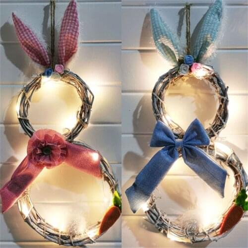 Easter Decoration with Light Rattan Circle Bunny Shaped Wreath Ornaments Easter Party Home Decoration Pendant Window Props