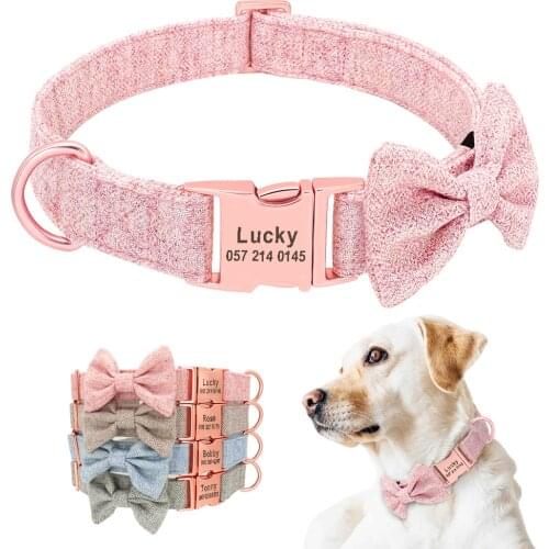 Personalized Dog Collar With Metal Buckle Cute Bow Tie Wool Farbric Customized Collars For Small Medium Large Dogs Free Engraved