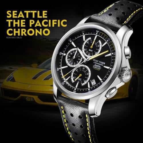 Reef Tiger/RT Sport Chronograph Watches Men Multifunction Quartz Watches With Date and Super Luminous Leather Strap Watches