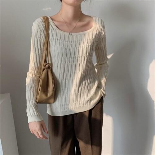 Spring Autumn New Women Knitted T-shirt Chic Square Collar Long Sleeve Slim Knit Tees Female Casual Tops
