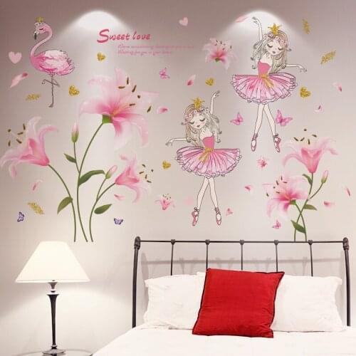 [shijuekongjian] Flowers Plant Wall Stickers DIY Girl Flamingo Wall Decals for Living Room Kids Bedroom Nursery House Decoration