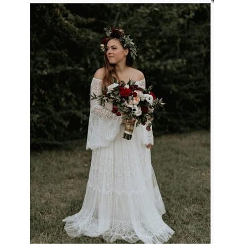 LORIE Boho Wedding Dress Lace A Line Vintage Princess Wedding Gown White Ivory Bride Dress Flare Sleeves Beach Bride Dress 2019