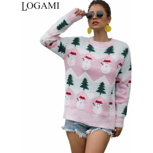 LOGAMI Christmas Sweater Women O Neck Long Sleeve Knit Pullover Womens Autumn Winter Vintage Jumper
